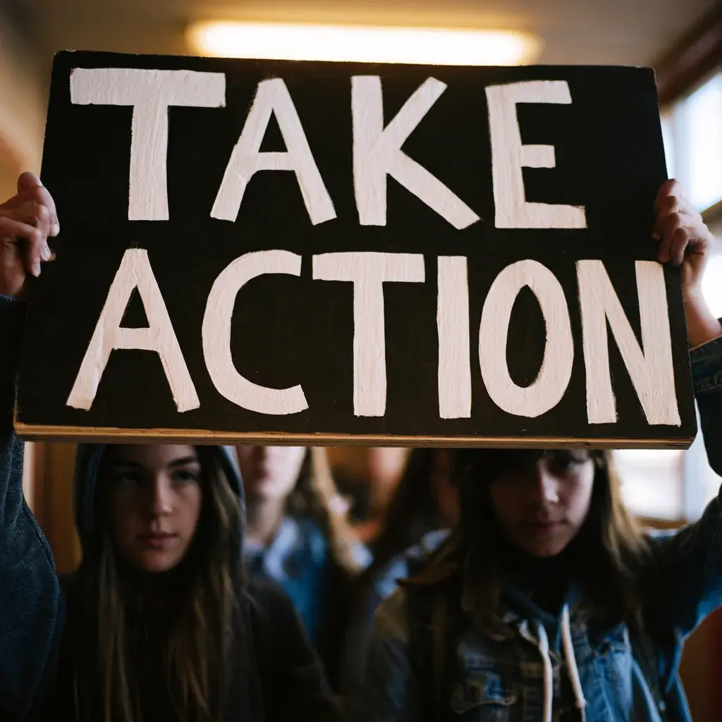 Students holding up a hand-made Take Action sign