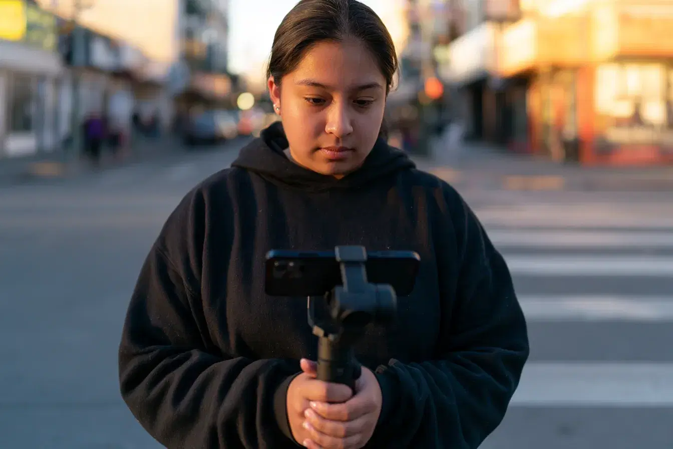 A student filming on a street corner