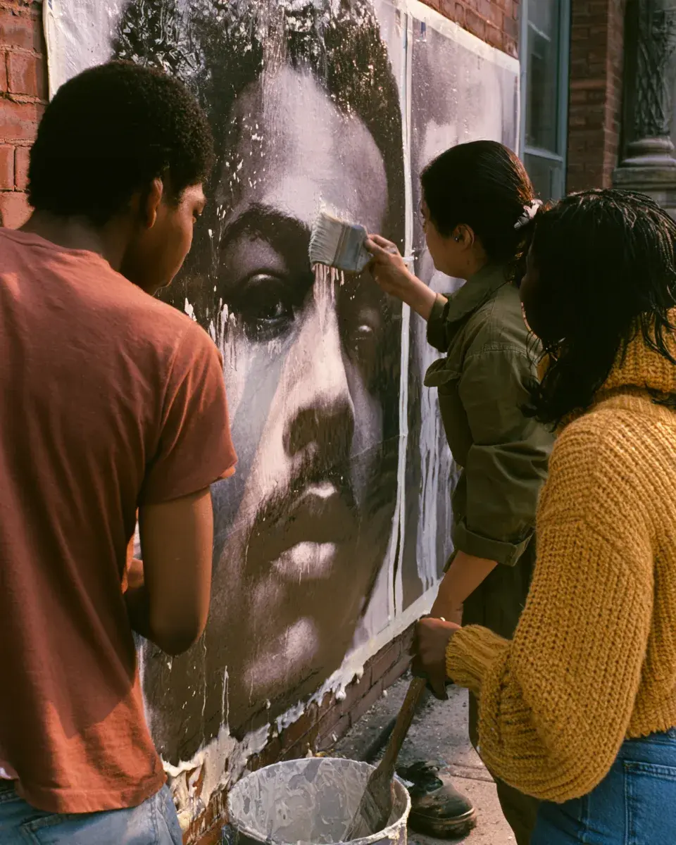 Paper mural going up on a wall