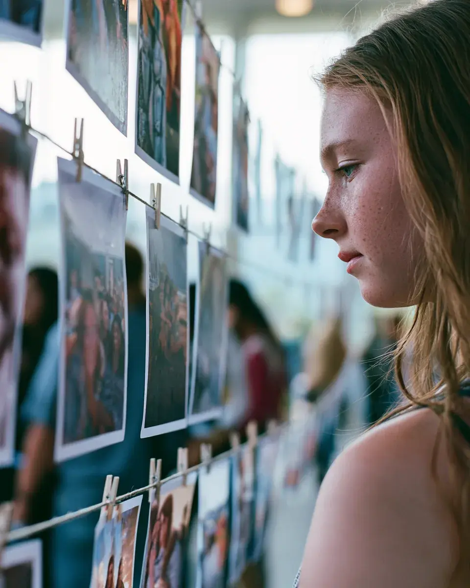 Printed photos pinned up for an exhibition