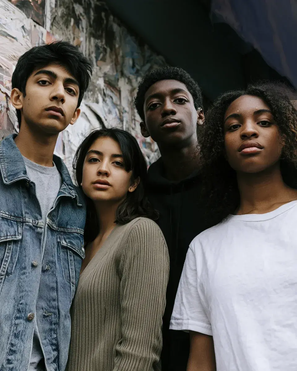 Four teenagers in hoodies stand together in front of a wall of campaign posters